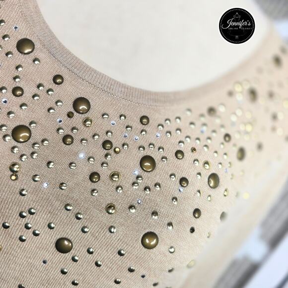 Adrienne Vittadini Tan Silk Blend Gold Studded Short Sleeve Sweater Size L - Picture 5 of 10